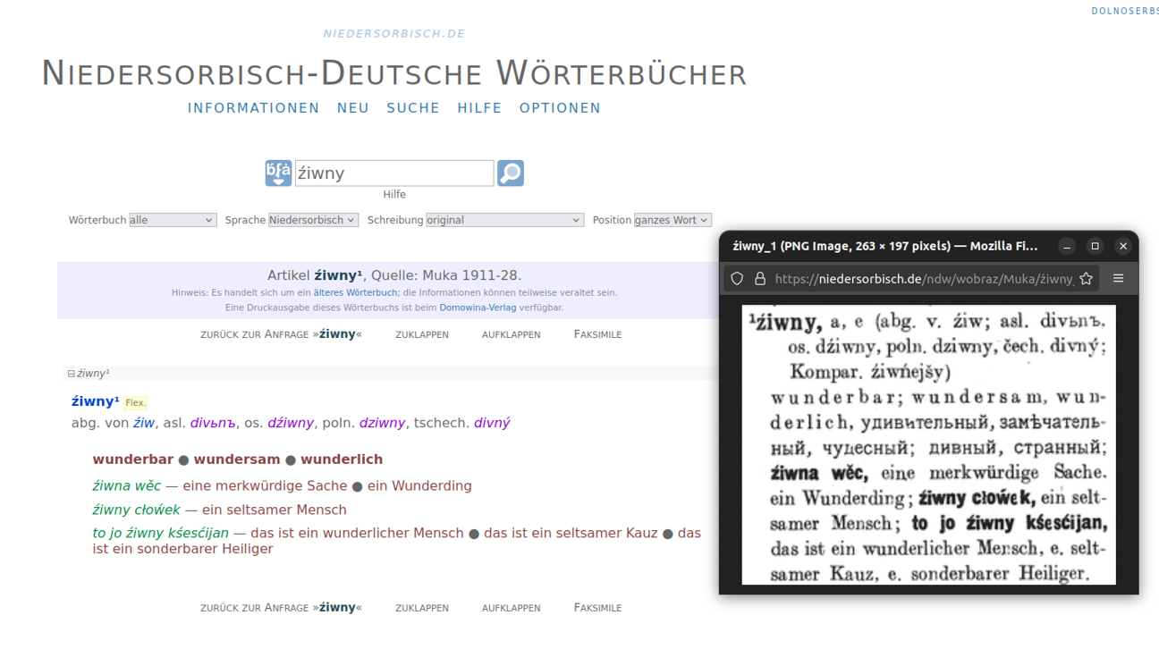 Der Eintrag des Wortes „źiwny“ (Muka) im Portal der niedersorbisch-deutschen Wörterbücher