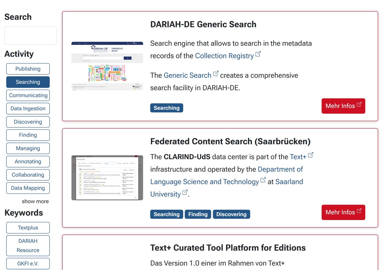 Liste von Text+ Angeboten, die aus dem SSH Open Marketplace auf das Text+ Portal deployt wird