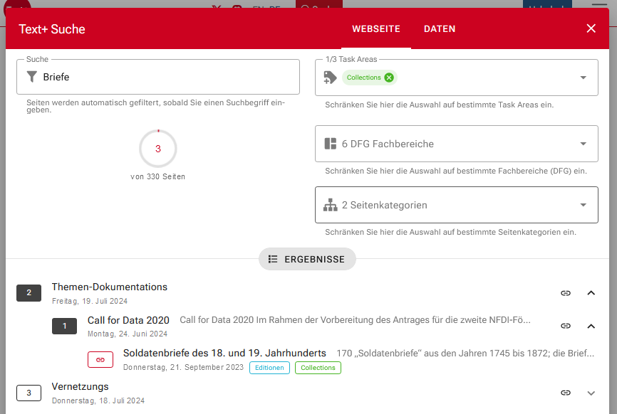 Beispielsuche auf der Webeite, Suchbegriff Briefe, Filter Task Area Collections