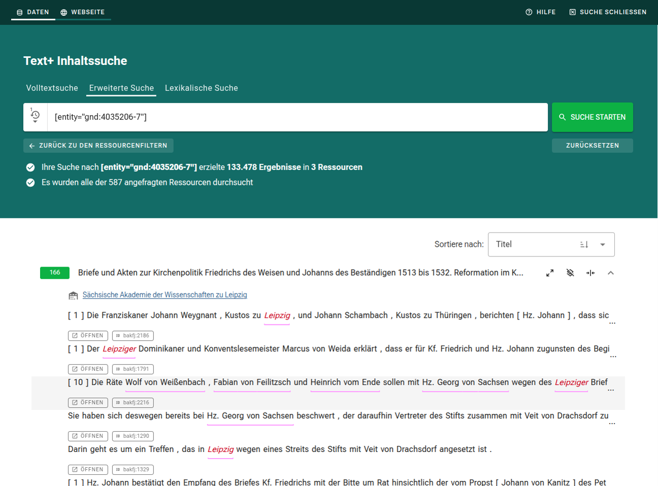 Screenshot der Erweiterten Suche in Text+ (grüne Benutzeroberfläche) mit Suchbegriff ‘Leipzig’ über GND-Identifier, Anzeige von Suchergebnissen mit hervorgehobenem Treffer.