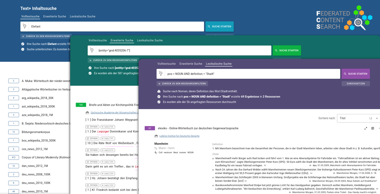 Drei nebeneinander angeordnete Screenshots der Suchmodi Volltextsuche, Erweiterte Suche und Lexikalische Suche der Text+ Inhaltssuche mit Suchfeldern, Suchergebnissen und farblich unterschiedlichen Kopfzeilen.