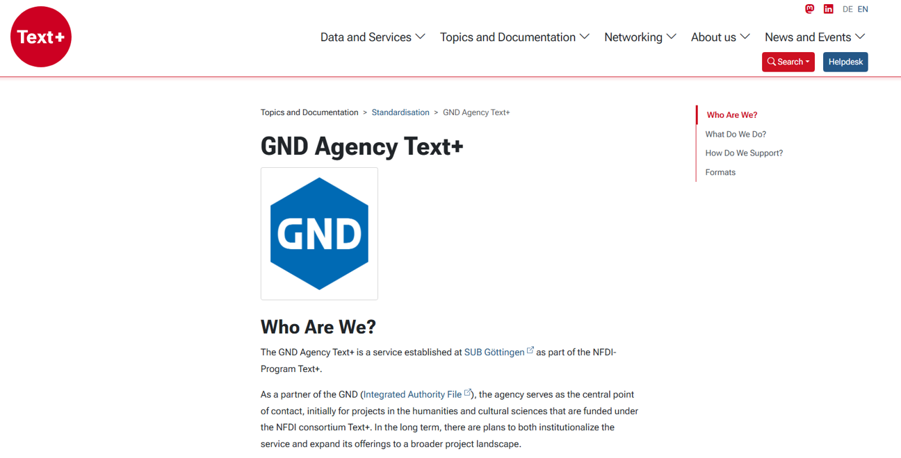 Screenshot der Seite GND Agentur Text+ mit blauem GND-Logo und Seitennavigation.
