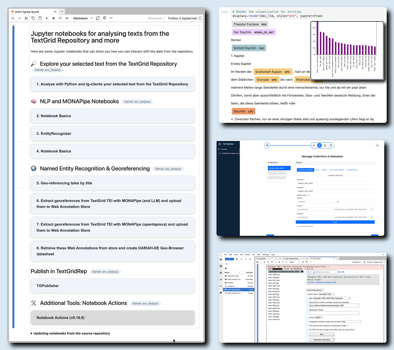 Eine Collage einiger Screenshots von Notebooks und Anwendungen die auf dem NFDI-Jupyterhub verwendbar sind.
