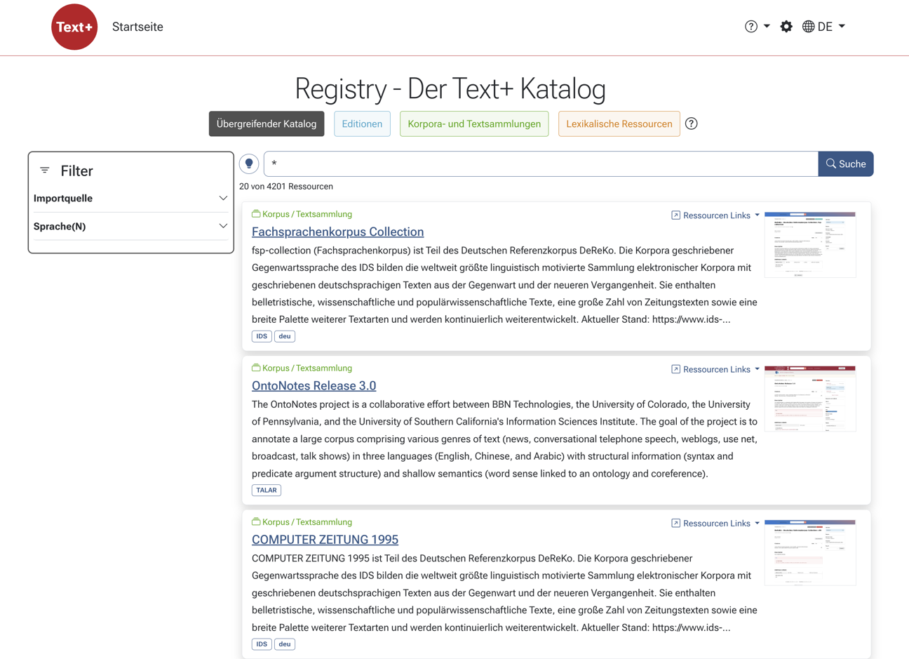 Screenshot des Text+ Registry-Katalogs mit Kategoriefiltern, Suchfeld, Filterseitenleiste und Trefferkarten fuer Ressourcen.