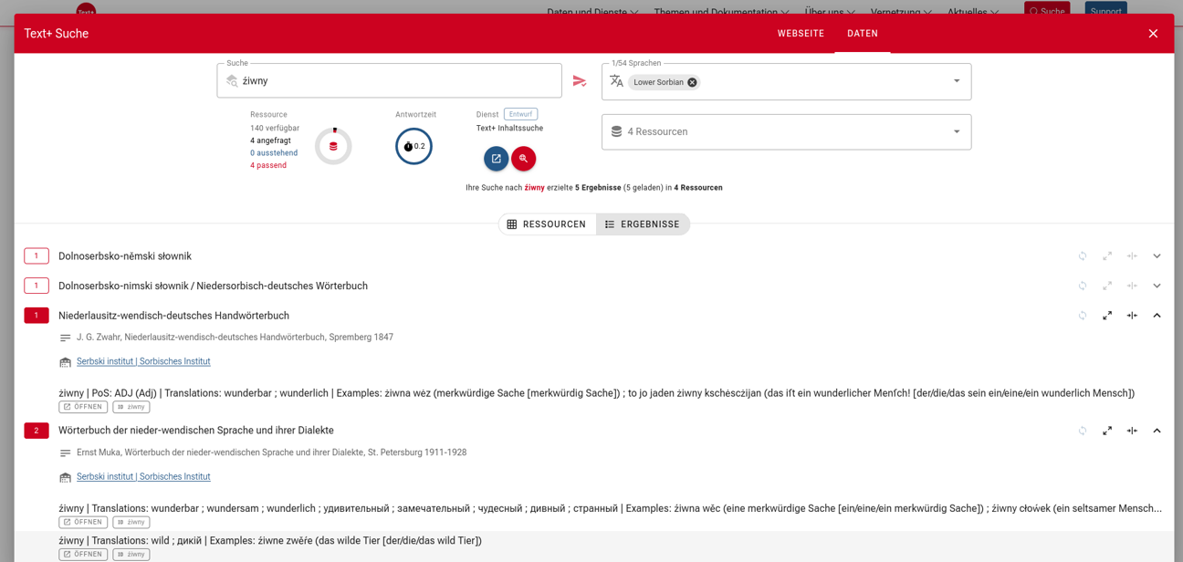 Search for the word &ldquo;źiwny&rdquo; in the search mask of the federated content search on the Text+ web portal