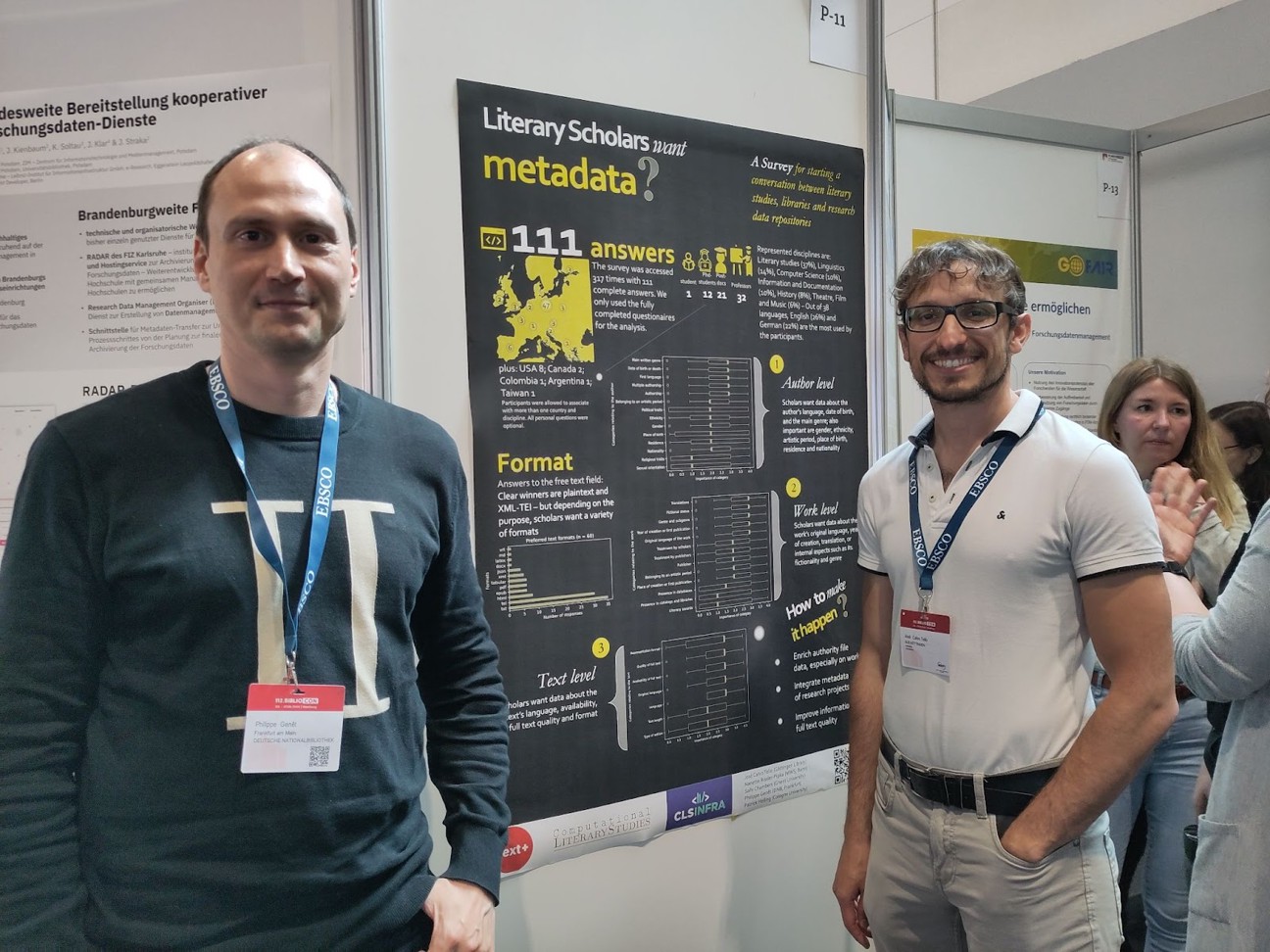 Philippe Genet, DNB and José Calvo Tello, SUB Göttingen, in front of the poster “What Metadata Does Literary Studies Need?”