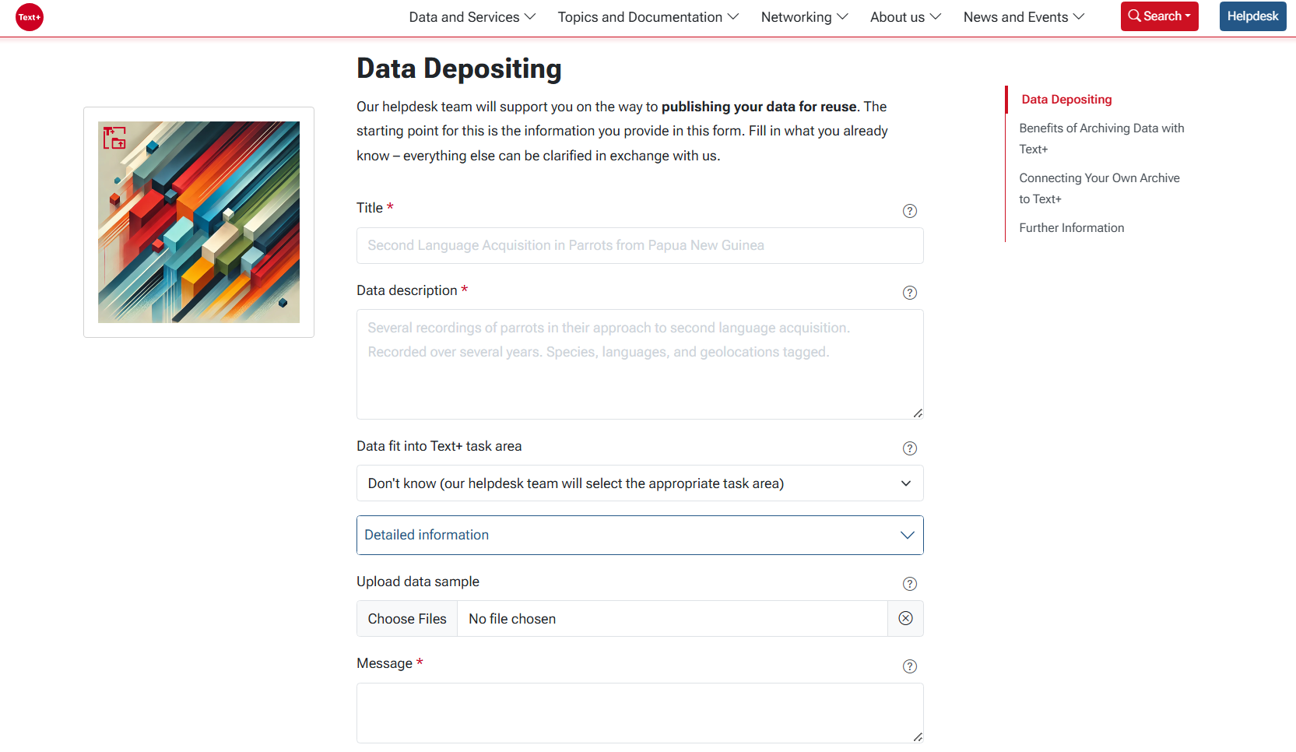 Screenshot of the Text+ Data Depositing form with fields for title, data description, task area, file upload, and message.