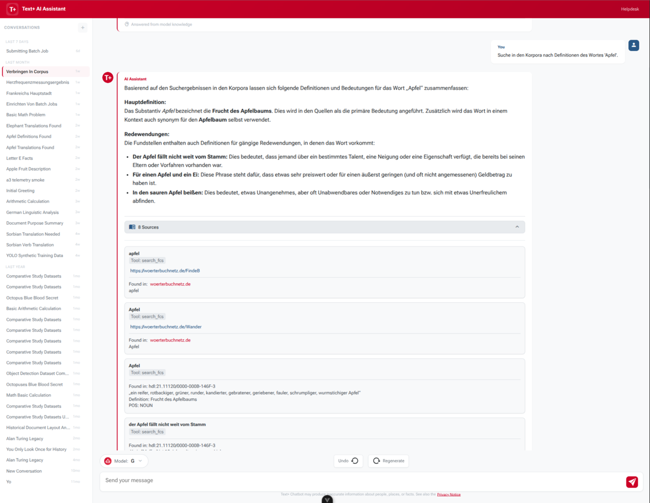 Screenshot of the Text+ AI Assistant answering a natural-language query with evidence-based search results and source citations from Text+ lexical resources.