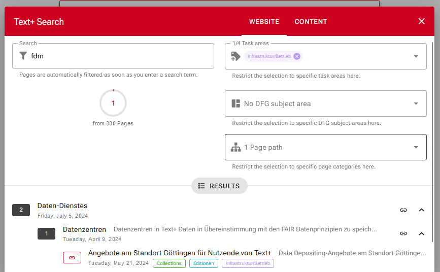 Example search for fdm with filter Task Area Infrastucture Operations