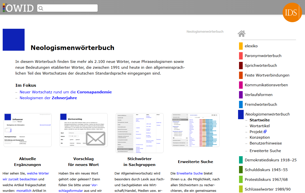 Thumbnail for service OWID - Neologismenwörterbuch